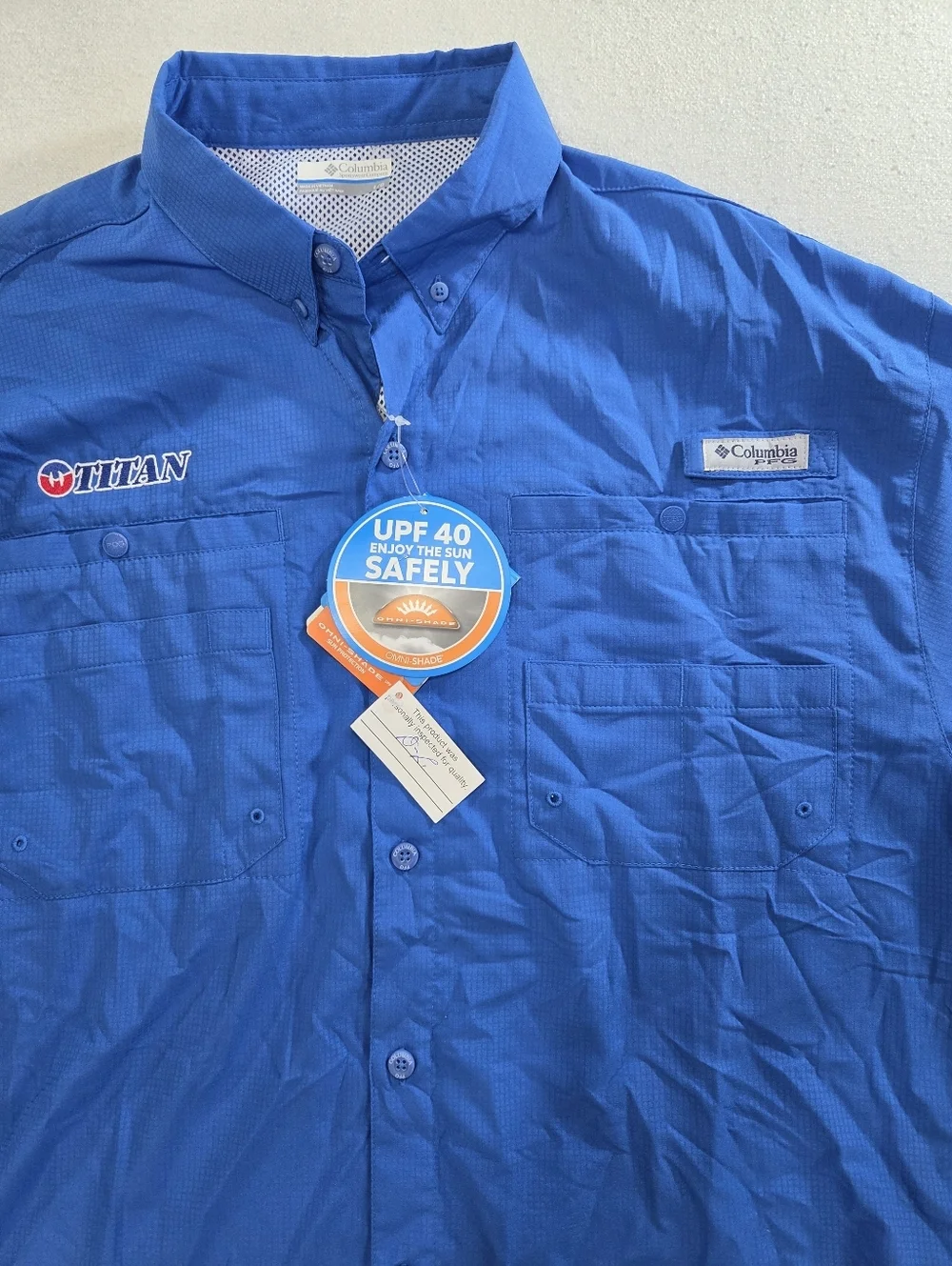 Columbia PFG Shirt L Blue Fishing UPF 40 Short Sleeve NWT - Picture 2 of 10